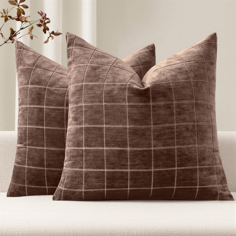MIULEE Decorative Chenille Check Throw Pillow Covers Vintage Plaid Couch Pillows 18x18 Inch Set of 2 Neutral Boho Farmhouse Cushion Covers Modern Home Decor for Sofa Bed Living Room Reddish Brown - Image 1