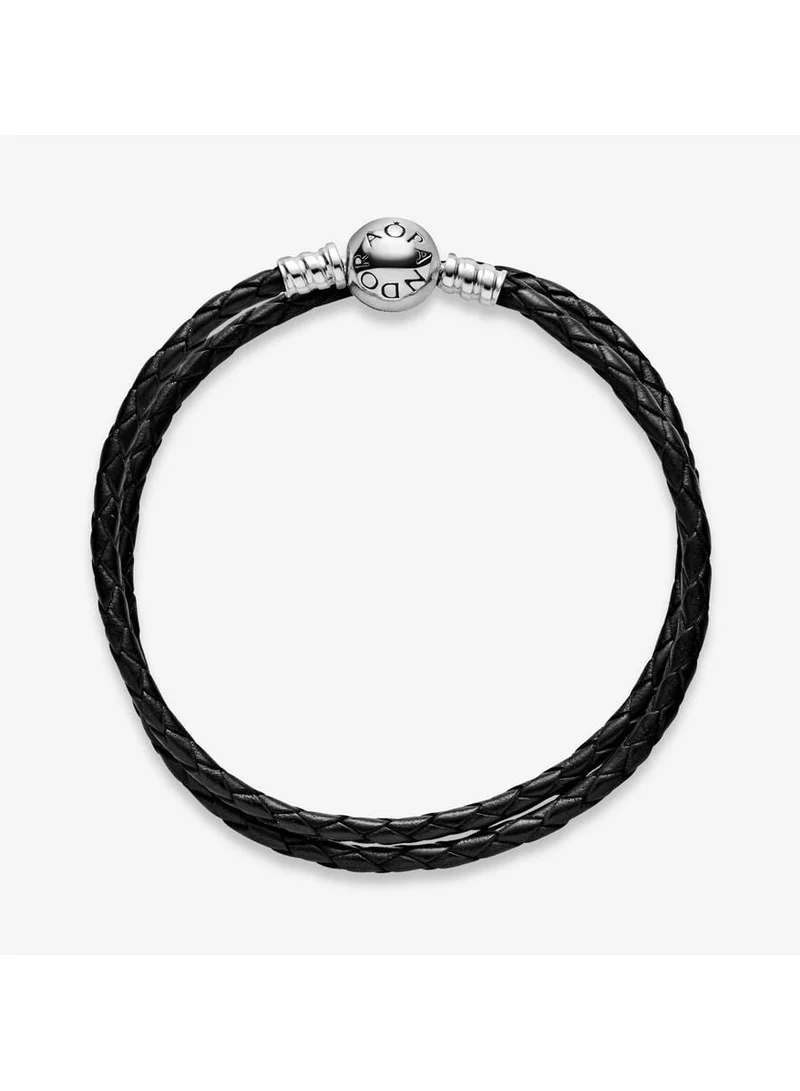 PANDORA Pandora Moments Double Black Leather Bracelet, 35 cm