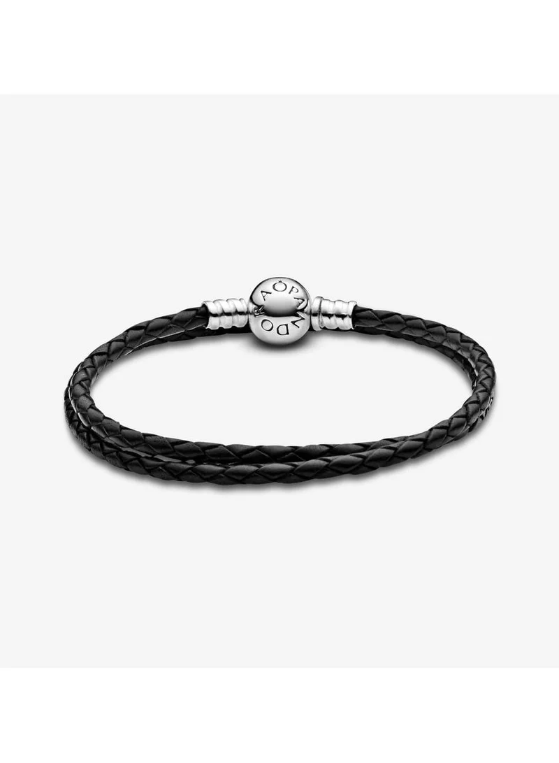 PANDORA Pandora Moments Double Black Leather Bracelet, 35 cm