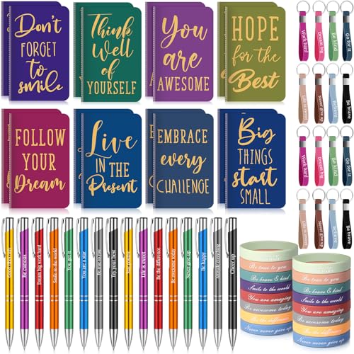 PerKoop 64 Pcs Inspirational Gifts Bulk 16 Motivational Notebooks Journal 16 Ballpoint Pens 16 Wristbands 16 Keychains for Teacher Office Women Employee Party FavorClassic - Image 1