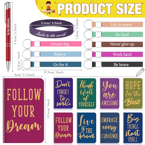 PerKoop 64 Pcs Inspirational Gifts Bulk 16 Motivational Notebooks Journal 16 Ballpoint Pens 16 Wristbands 16 Keychains for Teacher Office Women Employee Party FavorClassic - Image 3