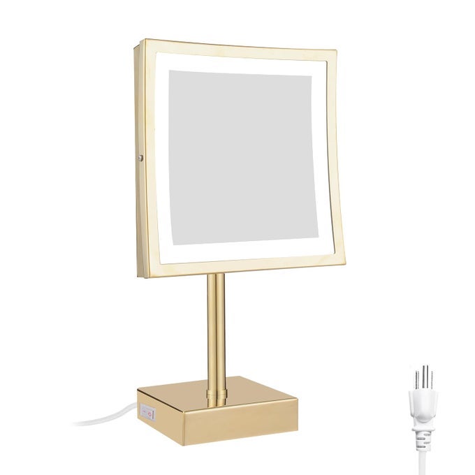TABLETOP LED LIGHTED 5X MAGNIFYING MAKEUP MIRROR SQUARE WITH PLUG 8 INCH POLISHED GOLD FINISHED