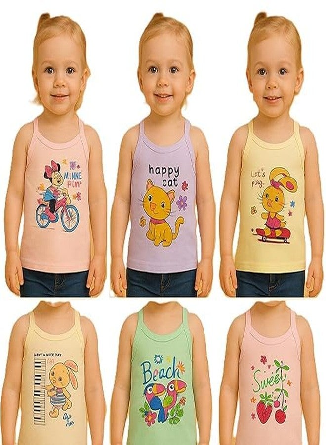 TINY HANDS New Girls Multicolor Cotton Printed Camisole Vests for Girls and Baby Girls Pack of 6 - Image 1