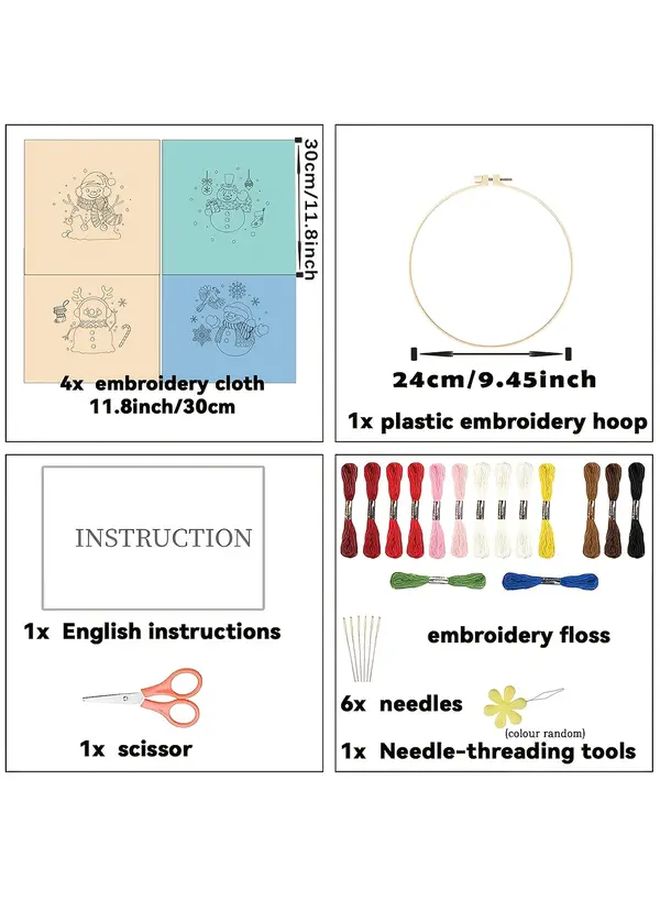 Winter Embroidery Kit For Beginners 4Pcs Snowman Pattern 11 81x11 81 Inch Colorful - Image 3