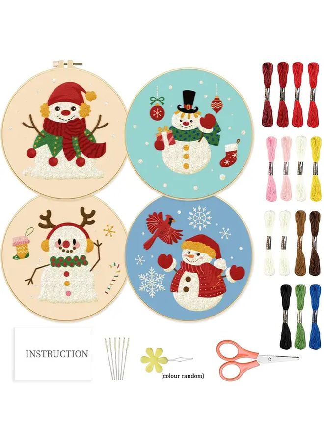 Winter Embroidery Kit For Beginners 4Pcs Snowman Pattern 11 81x11 81 Inch Colorful - Image 1