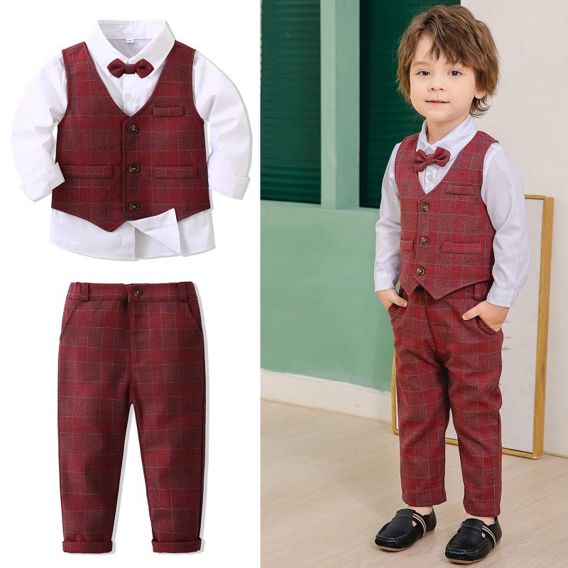 Kimocat Boys 3Pcs Clothing Sets Long Sleeve Bowtie Shirts +Vest +Pants Casual Suit - Image 3