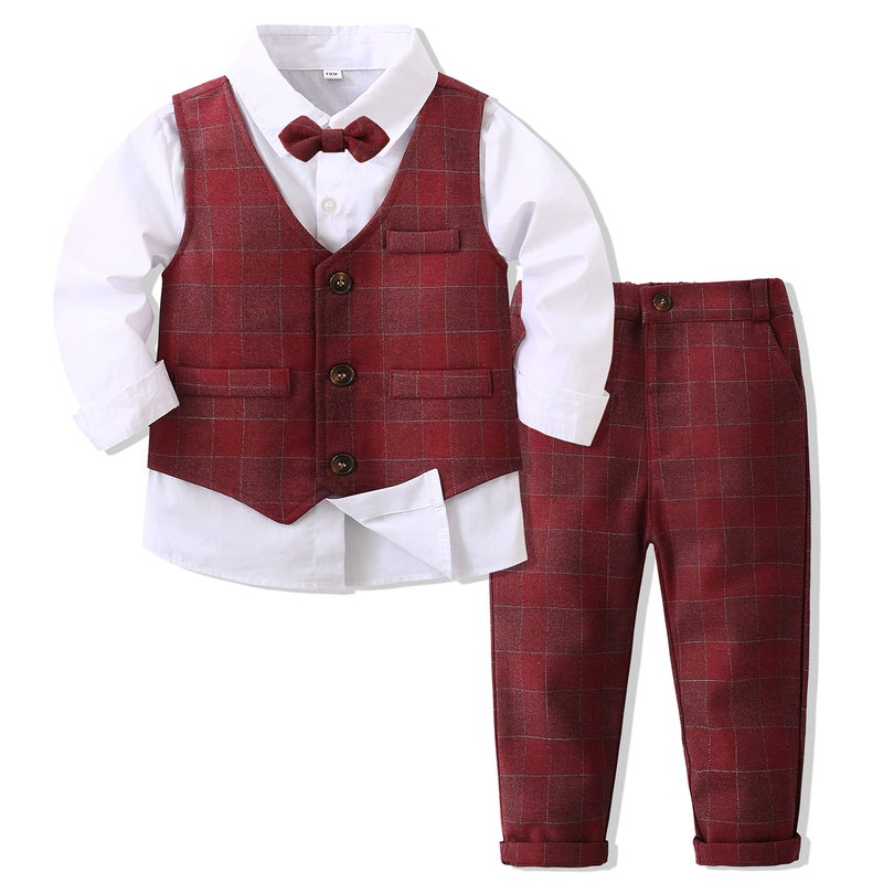 Kimocat Boys 3Pcs Clothing Sets Long Sleeve Bowtie Shirts +Vest +Pants Casual Suit - Image 1