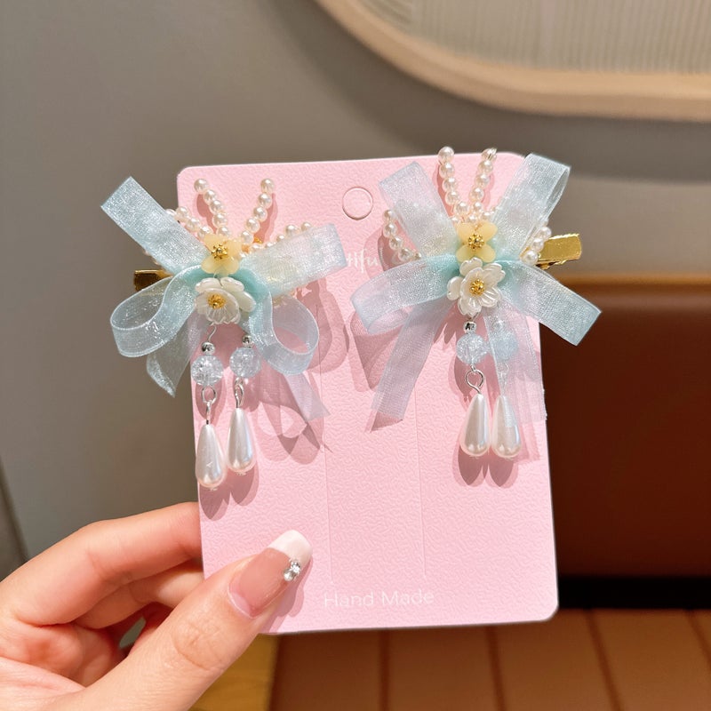 Generic New Childrens Antique Hair Accessories Flower Butterfly Antique Headwear Retro Tassel Streaming Belt Hanfu Hairpin Tang Clothing Accessories 55 Blue Pendant Pearl (Pair)