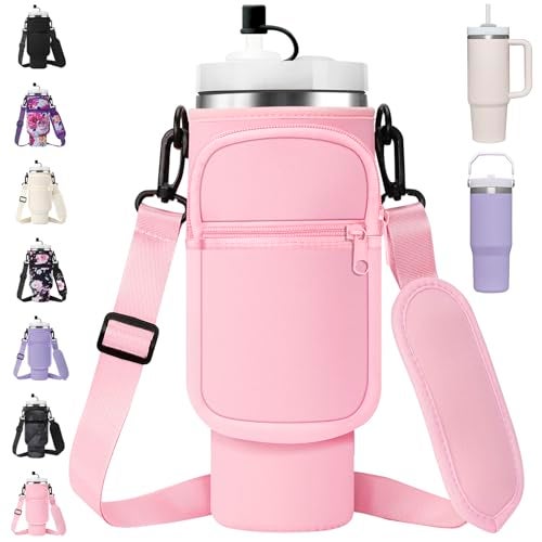AceTreker Water Bottle Sleeve Bag with Strap for Stanley 30 oz 40 oz Tumbler with Handle Insulated Travel Cup Sling Holder for Stanley Cup Accessories with Straw CoverPink - Image 1