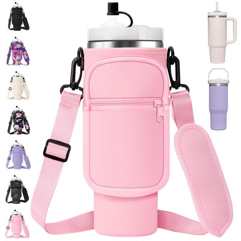 AceTreker Water Bottle Sleeve Bag with Strap for Stanley 30 oz 40 oz Tumbler with Handle Insulated Travel Cup Sling Holder for Stanley Cup Accessories with Straw CoverPink - Image 2