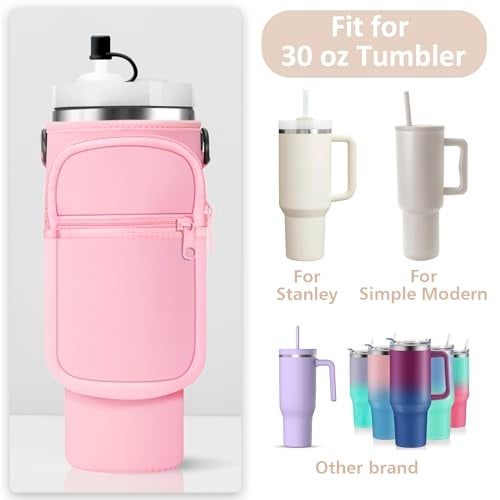 AceTreker Water Bottle Sleeve Bag with Strap for Stanley 30 oz 40 oz Tumbler with Handle Insulated Travel Cup Sling Holder for Stanley Cup Accessories with Straw CoverPink - Image 3