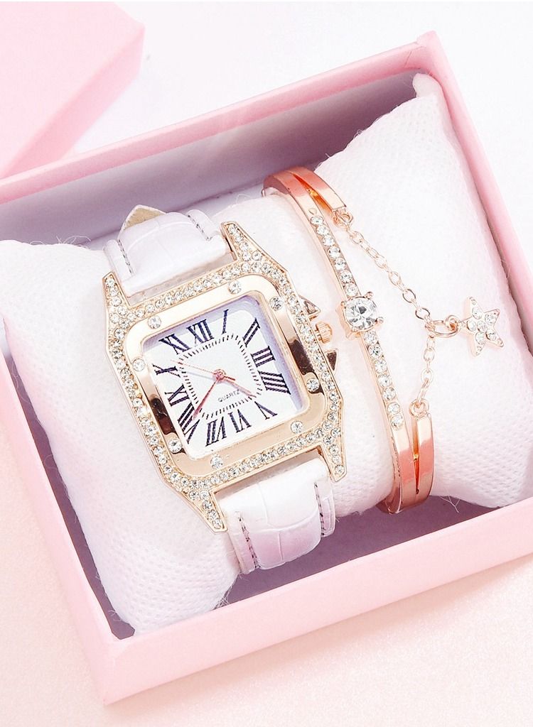 Fashionable bucket shaped square women's quartz watch with exquisite rhinestones on the dial, a two-piece set of watches and bracelets  - Image 1