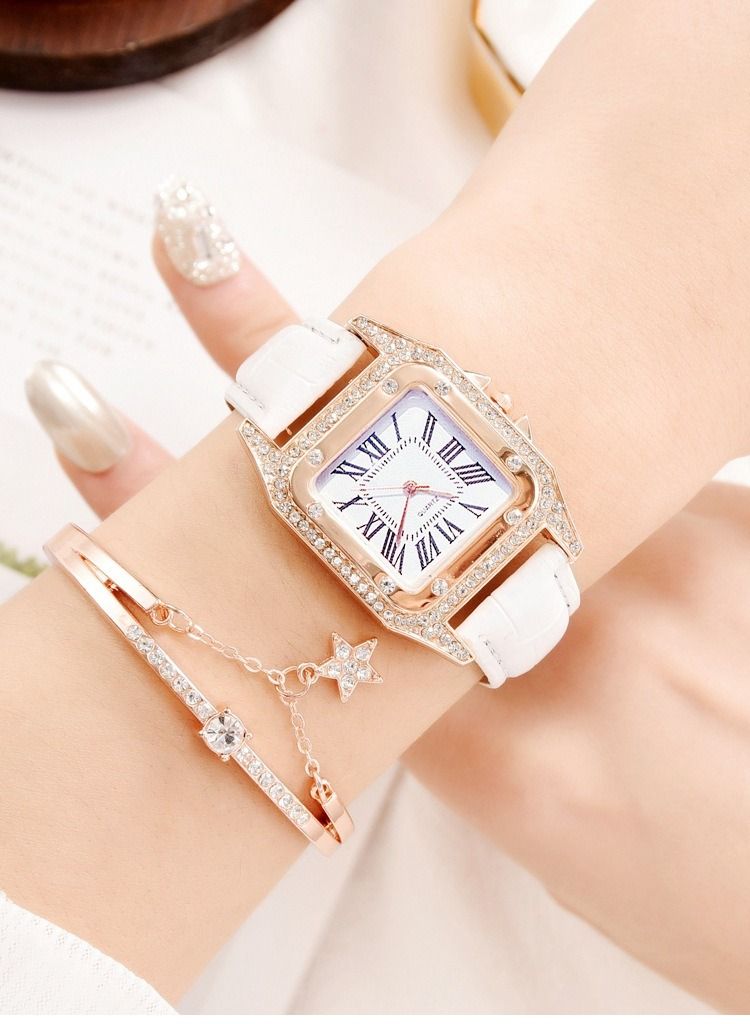 Fashionable bucket shaped square women's quartz watch with exquisite rhinestones on the dial, a two-piece set of watches and bracelets  - Image 2