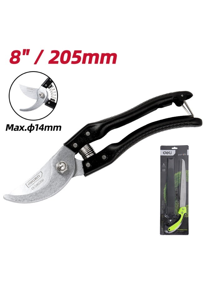 Deli Professional 8" (205mm) Garden Pruner - 65MN Steel Blades with Effort-Saving Spring, Max 14mm Cut (Black) - Image 2