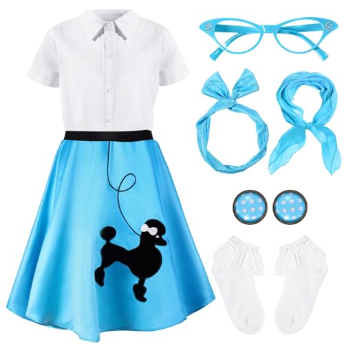 Silicherry 1950s Kids Poodle Skirt 50s Sock Hop Costume with Shirt Scarf Headband Earrings Glasses Socks(10-12 Years,Blue) - Image 1