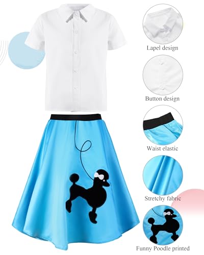 Silicherry 1950s Kids Poodle Skirt 50s Sock Hop Costume with Shirt Scarf Headband Earrings Glasses Socks(10-12 Years,Blue) - Image 3