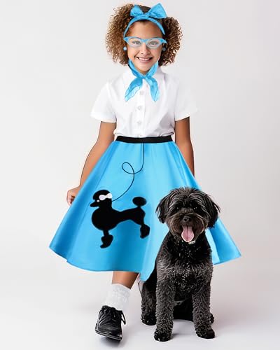 Silicherry 1950s Kids Poodle Skirt 50s Sock Hop Costume with Shirt Scarf Headband Earrings Glasses Socks(10-12 Years,Blue) - Image 5