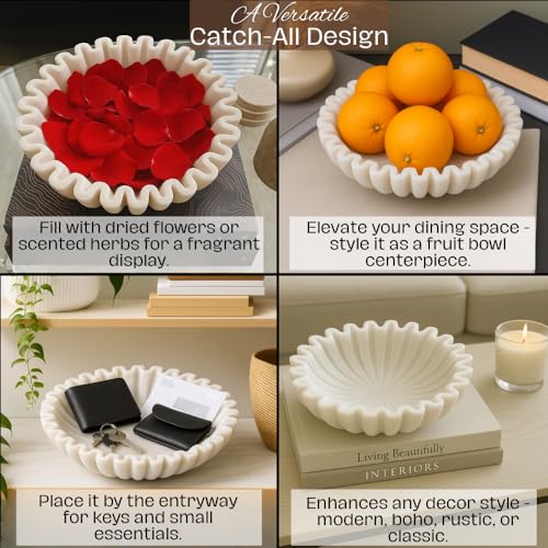 SWADESHI BLESSINGS HandCrafted Marble Ruffle Bowl/Antique Scallop Bowl/Fruit Bowl/Vintage Ring Dish/Decorative Flower Dish/HouseWarming Gift/Wedding Gifts/Urli (12 Inches) - Image 4