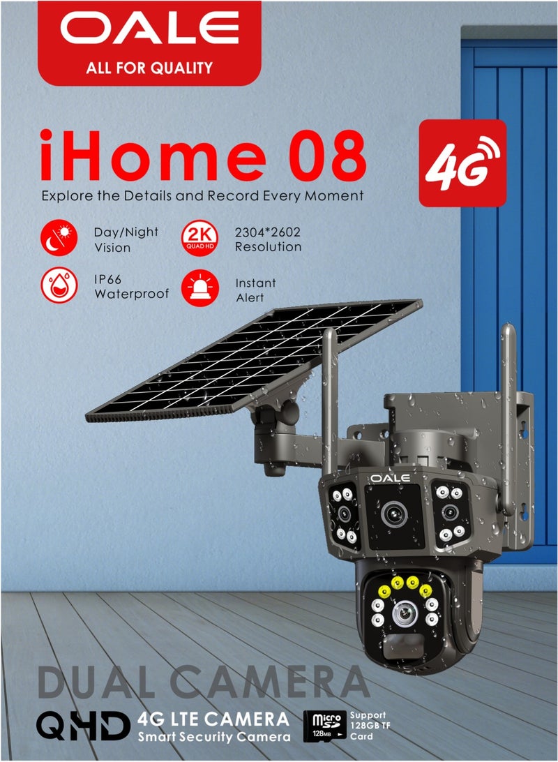 OALE iHome 08 4G Solar Powered 2K Dual Lens Outdoor Security Camera, 355° Pan & 95° Tilt, IP66 Waterproof, Motion Detection Alarm, Night Vision, Supports 128GB TF Card | White - Image 3