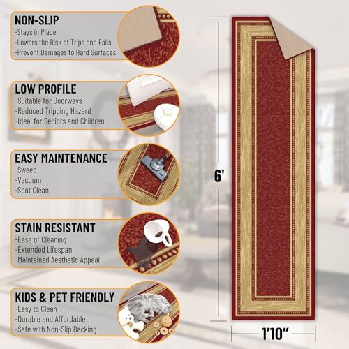 Ottomanson Runner Rug 110 x 6 Non Slip Rubber Backed Kitchen Rug for Sink Area Hallway Carpet Runner Low Pile Indoor Runner Rug for Laundry Room and Entryway Border Red - Image 3