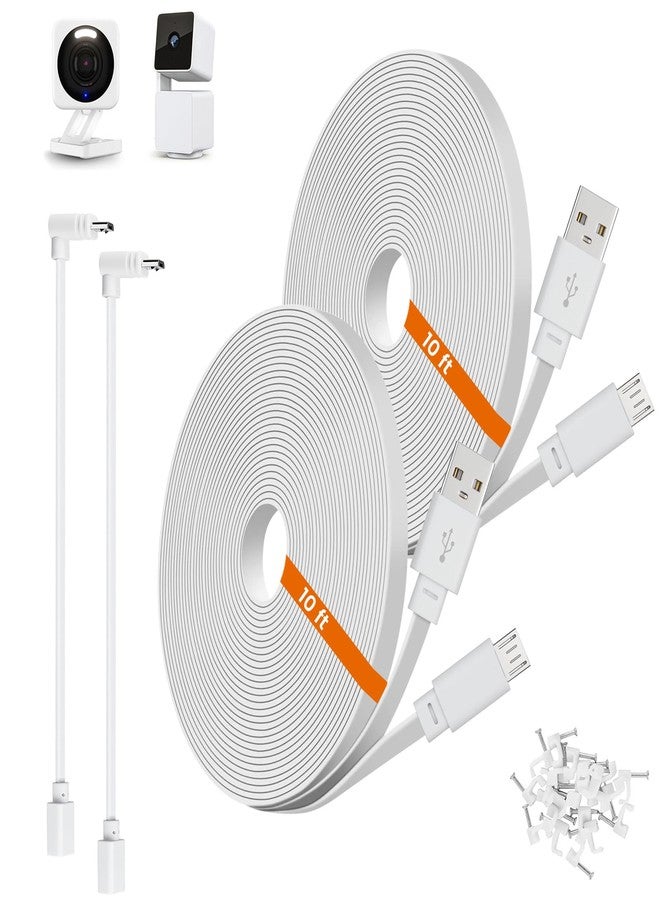weishan 2-Pack 10ft Power Extension Cable Compatible with Wyze Cam v4, Wyze Cam Pan v3, Wyze OG, v3 and v3 Pro Security Cameras - 3m Long Flat USB to Micro USB Charging Cord with L-Shaped Adapter, White - Image 1