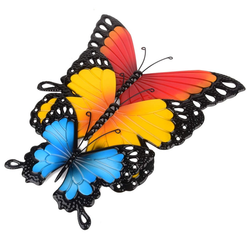 CraftyCrocodile Butterfly Wall Decor - Metal Decorations for Indoor or Outdoor Walls - Farmhouse-Style Ornaments for Home Interior, Patio, Porch, Deck, Garden - Set of 3 Yellow, Red & Blue Butterflies - Image 2