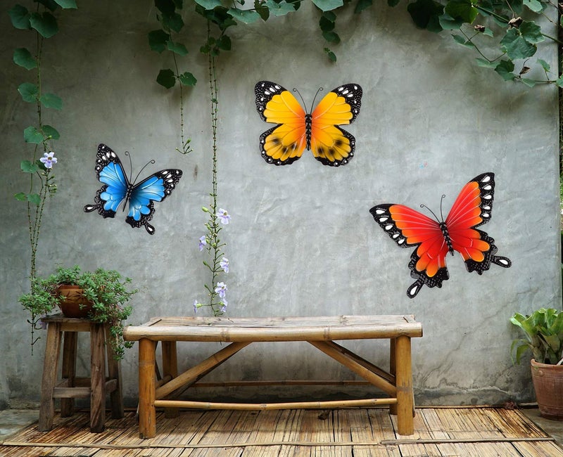 CraftyCrocodile Butterfly Wall Decor - Metal Decorations for Indoor or Outdoor Walls - Farmhouse-Style Ornaments for Home Interior, Patio, Porch, Deck, Garden - Set of 3 Yellow, Red & Blue Butterflies - Image 5