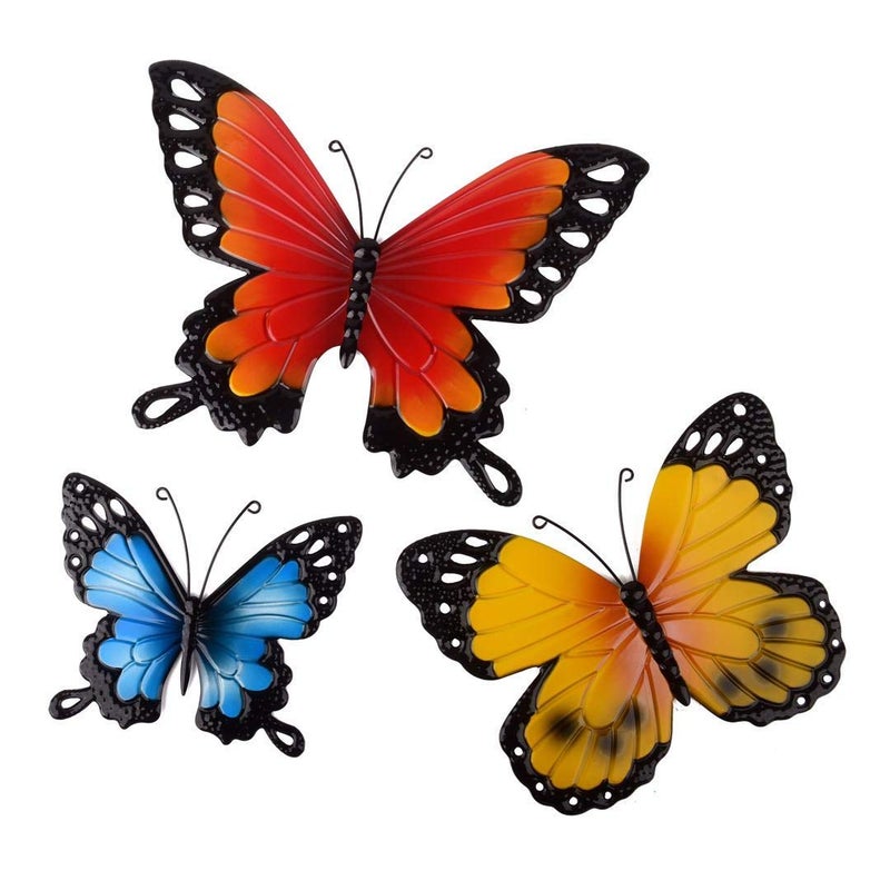 CraftyCrocodile Butterfly Wall Decor - Metal Decorations for Indoor or Outdoor Walls - Farmhouse-Style Ornaments for Home Interior, Patio, Porch, Deck, Garden - Set of 3 Yellow, Red & Blue Butterflies - Image 1