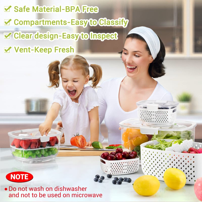 LUXEAR Fresh Produce Vegetable Fruit Storage Containers 3Piece Set  BPA-free  Partitioned Salad Container  Fridge Organizers  Used in Storing Fruits Vegetables  White - Image 3