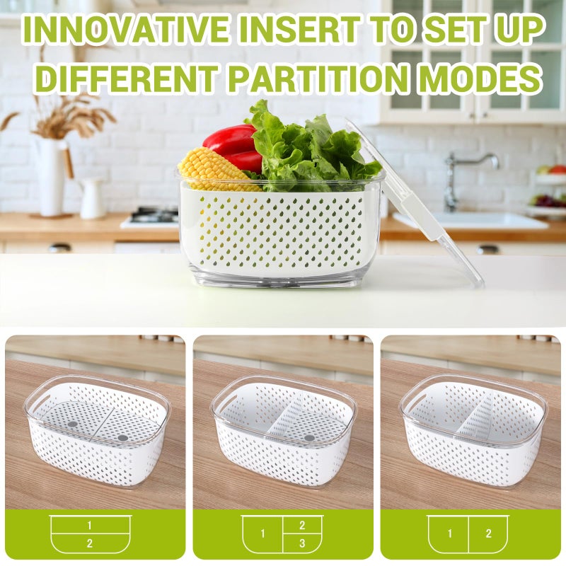 LUXEAR Fresh Produce Vegetable Fruit Storage Containers 3Piece Set  BPA-free  Partitioned Salad Container  Fridge Organizers  Used in Storing Fruits Vegetables  White - Image 5