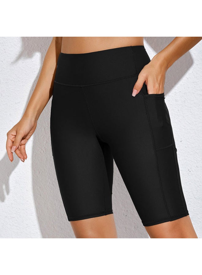 Loquat European And American Summer Quick-drying Swimming Trunks Women's Black Tight Boxer Professional Five-point Swimming Trunks With Pockets-Color:Black- - Image 4