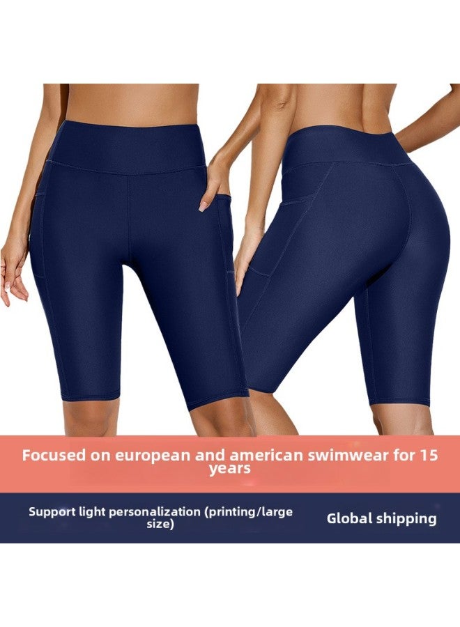 Loquat European And American Summer Quick-drying Swimming Trunks Women's Black Tight Boxer Professional Five-point Swimming Trunks With Pockets-Color:Black- - Image 3