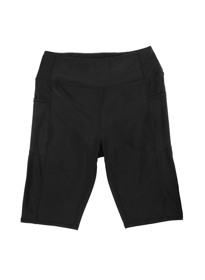Loquat European And American Summer Quick-drying Swimming Trunks Women's Black Tight Boxer Professional Five-point Swimming Trunks With Pockets-Color:Black- - Image 1