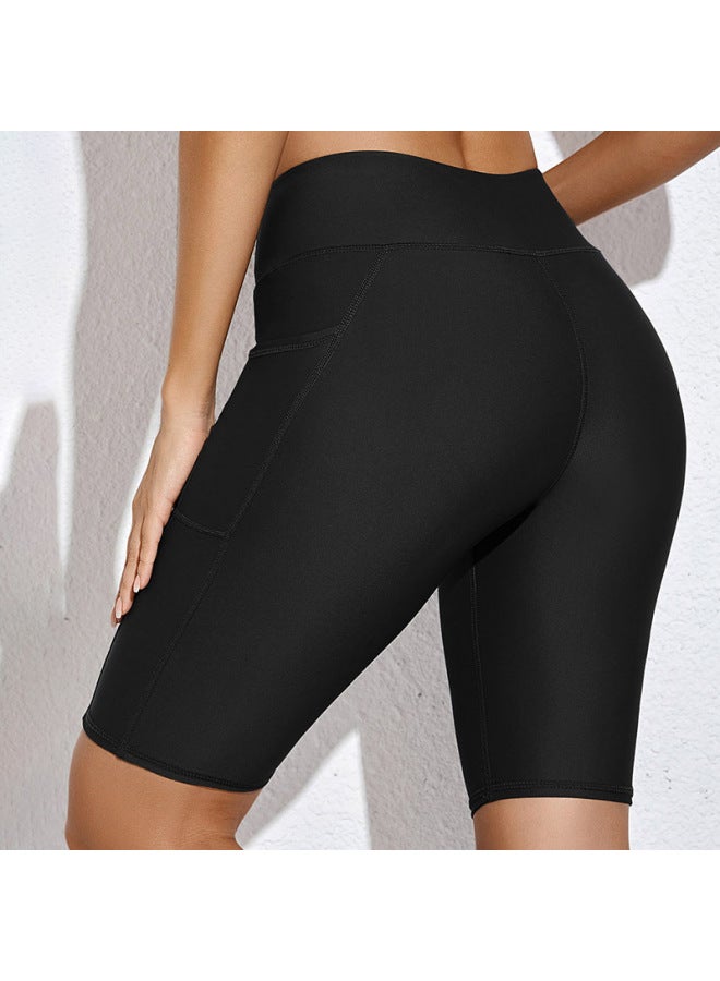 Loquat European And American Summer Quick-drying Swimming Trunks Women's Black Tight Boxer Professional Five-point Swimming Trunks With Pockets-Color:Black- - Image 5