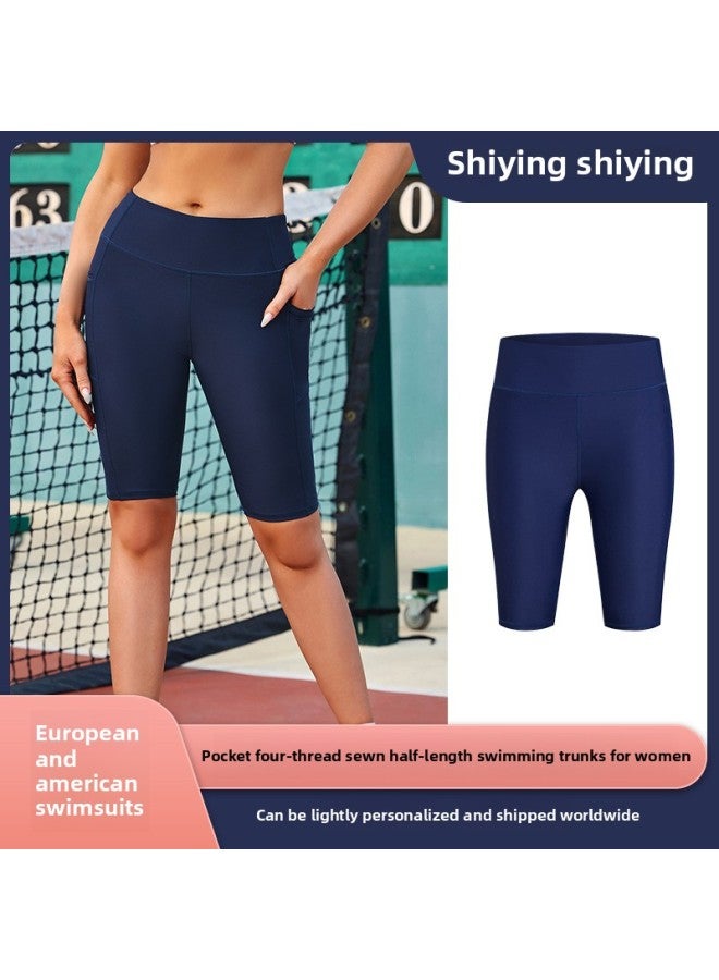 Loquat European And American Summer Quick-drying Swimming Trunks Women's Black Tight Boxer Professional Five-point Swimming Trunks With Pockets-Color:Black- - Image 2