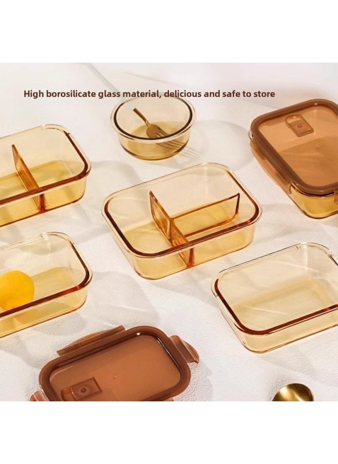 Generic - Glass Lunch Box With Rice Separator Bowl Glass Preservation Box Microwave Heating Lunch Box For Students Office Student Lunch Box-Specifications:Length 52kg Partitions + Length 32kg Partitions + Bear Meal Bag + Wheat Straw Tableware-Color:Brown Borosilicate Glass - Image 1