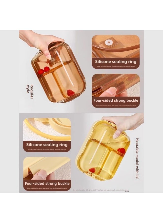 Generic - Glass Lunch Box With Rice Separator Bowl Glass Preservation Box Microwave Heating Lunch Box For Students Office Student Lunch Box-Specifications:Length 52kg Partitions + Length 32kg Partitions + Bear Meal Bag + Wheat Straw Tableware-Color:Brown Borosilicate Glass - Image 1