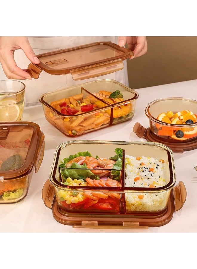 Generic - Glass Lunch Box With Rice Separator Bowl Glass Preservation Box Microwave Heating Lunch Box For Students Office Student Lunch Box-Specifications:Length 52kg Partitions + Length 32kg Partitions + Bear Meal Bag + Wheat Straw Tableware-Color:Brown Borosilicate Glass - Image 1