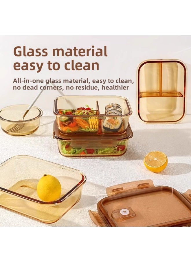 Generic - Glass Lunch Box With Rice Separator Bowl Glass Preservation Box Microwave Heating Lunch Box For Students Office Student Lunch Box-Specifications:Length 52kg Partitions + Length 32kg Partitions + Bear Meal Bag + Wheat Straw Tableware-Color:Brown Borosilicate Glass - Image 1