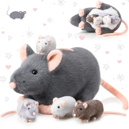 Arrowbash 5 Pcs Mouse Stuffed Animals Set 14 Large Mommy Rat Plush with 4 Small Mouse Babies in Zippered Tummy Stuffed Rat Plush Toys for Kids Girls Boys Valentine Birthday GiftCute Style - Image 1