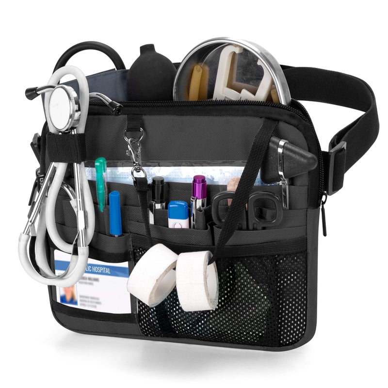 Damero Nurse Fanny Pack with Medical Gear Pockets, Nurse Waist Pouch Nurse Tool Belt with Tape Holder for Stethoscopes, Bandage Scissors and Other Medical Supplies, Black - Image 1