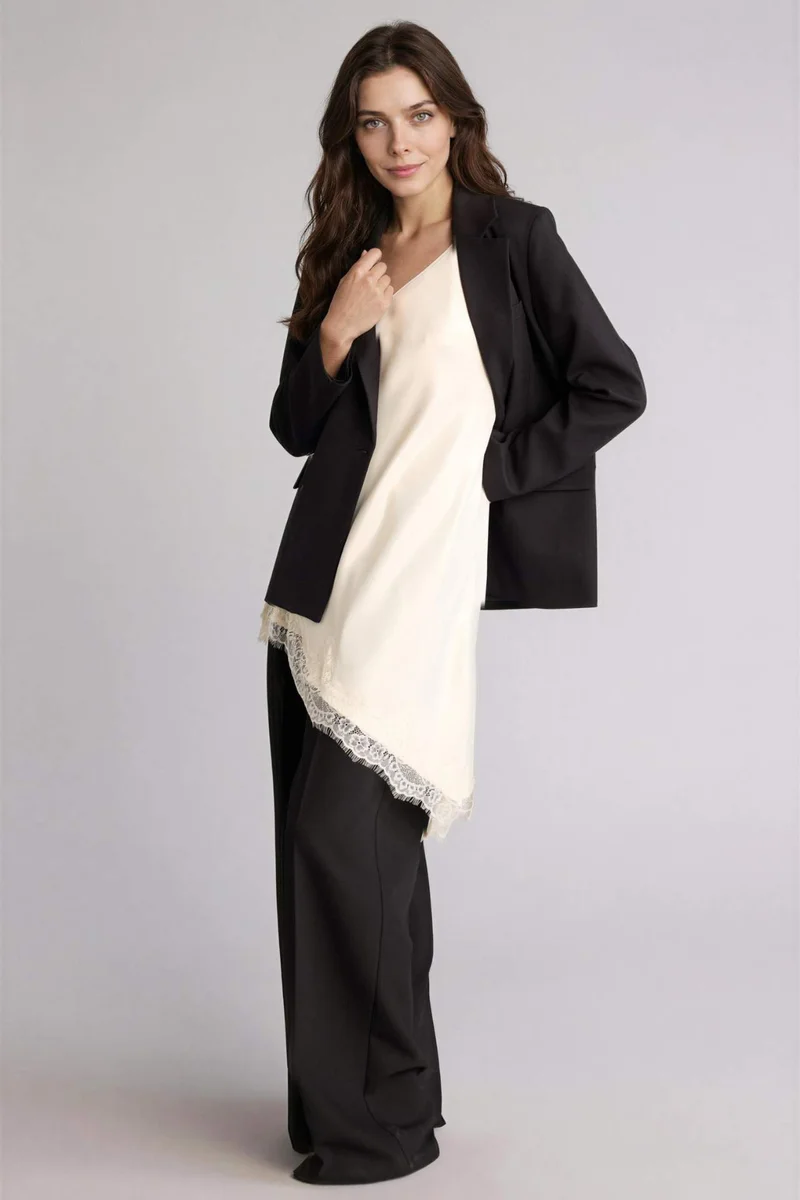 ديفاكتو Regular Fit Satin V-Neck Short Sleeve Tunic