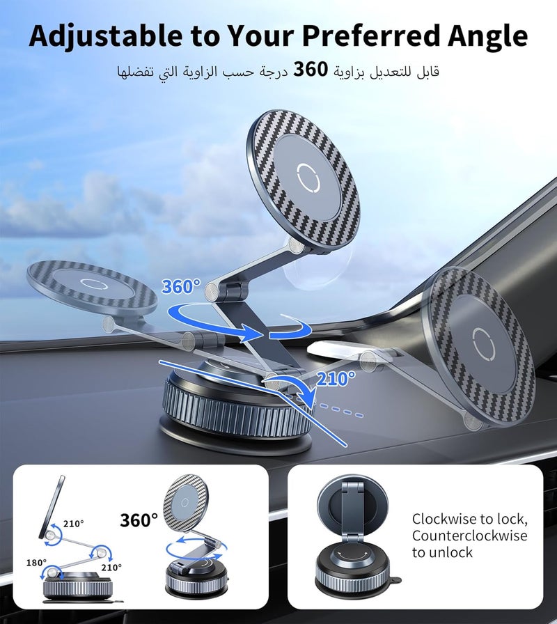 TONEOF 3-Fold Magnetic Car Phone Holder with Vacuum Suction, Adjustable Long Arm Dashboard Mount, Strong Magnetic Grip, 360° Rotation Phone Holder, Heat Resistant Car Mount for iPhone&All Phones - Image 3