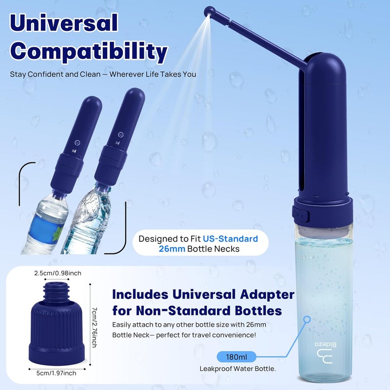 Bidezo Portable Bidet for Travel with 180ml Bottle and Universal Adapter, 800mAh Battery for Upto 150 Uses on Full Charge with USB-C Cable, IPX7 Leakproof, 3 Pressure Modes Electric Travel Bidet - Image 2