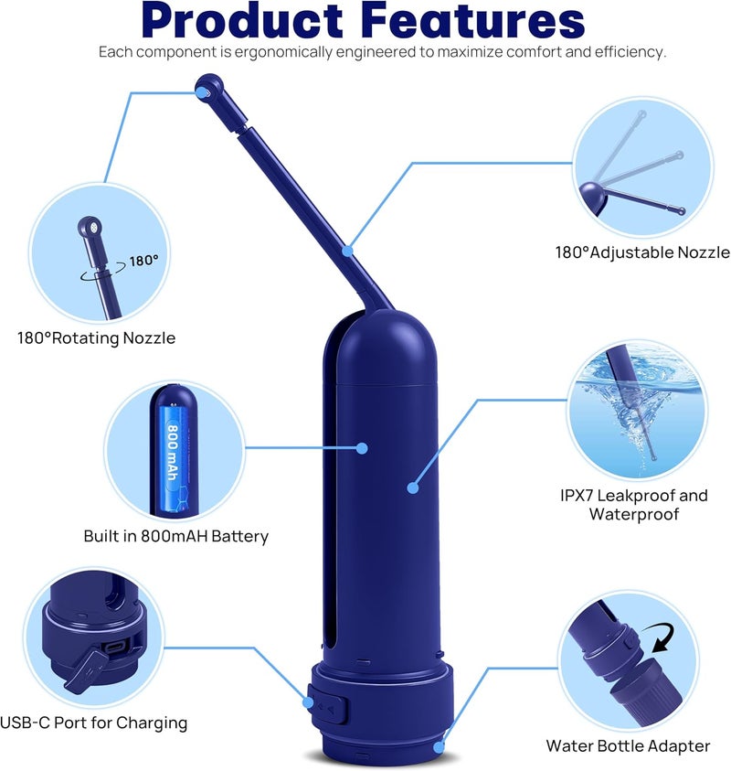 Bidezo Portable Bidet for Travel with 180ml Bottle and Universal Adapter, 800mAh Battery for Upto 150 Uses on Full Charge with USB-C Cable, IPX7 Leakproof, 3 Pressure Modes Electric Travel Bidet - Image 4