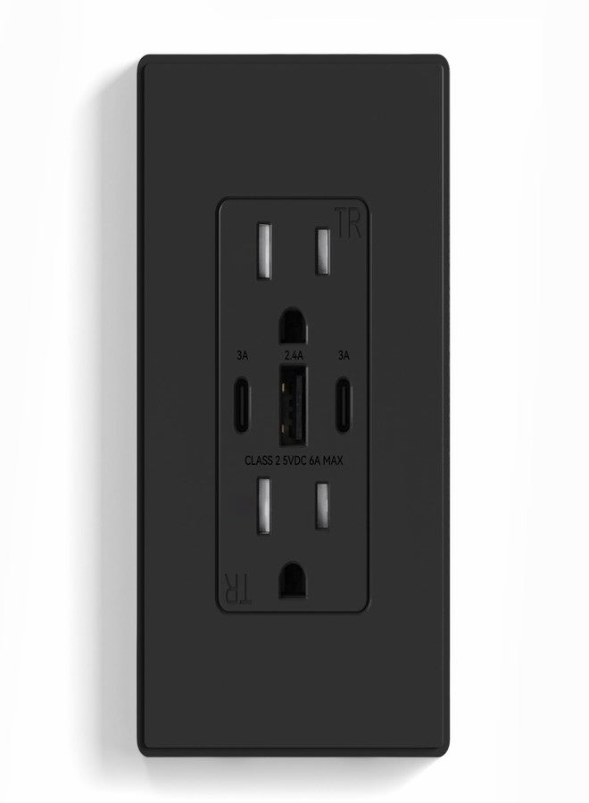 ELEGRP USB Outlets, 30W 6.0 Amp USB C Outlets Receptacles, 3-Port USB Wall Outlet, 15 Amp Tamper-Resistant Outlet with 2 USB C Ports, UL Listed, Screwless Wall Plate Included, 1 Pack, Matte Black - Image 1
