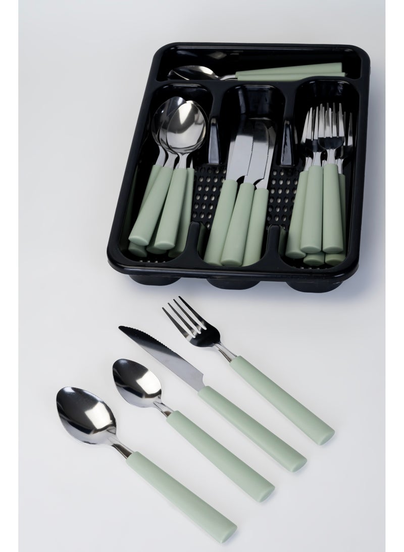 Berger Cutlery Set, 25 Piece Set - Includes Knives, Forks, Spoons, Teaspoons, with Tableware Box - Green - Image 2