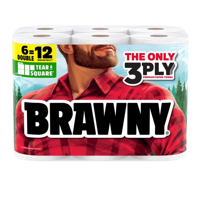 Brawny Tear-A-Square 3-Ply Paper Towels, 6 Double Rolls = 12 Regular Rolls, Strong, Absorbent, and Durable with 3 Sheet Sizes (Quarter, Half, Full) - Image 1
