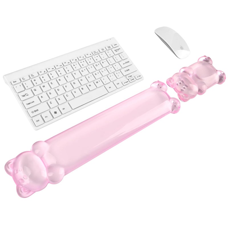 Sumgsn Gel Keyboard and Mouse Wrist Rest Set â€“ Clear Wrist Rest for Computer Keyboard 60%/68%/75%, Comfort & Support for Typing and Gaming(Cute Pink Bear) - Image 1