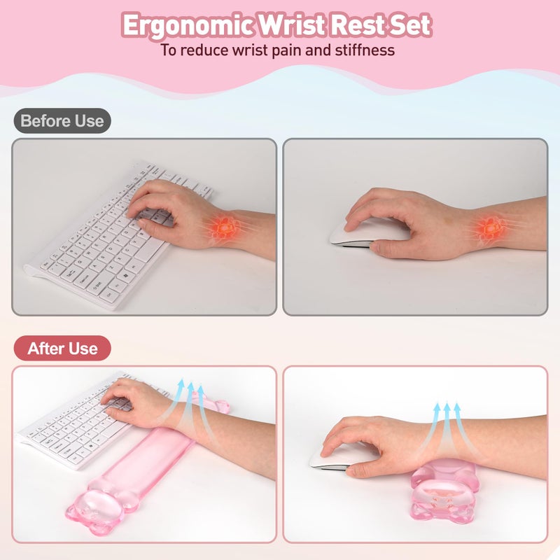 Sumgsn Gel Keyboard and Mouse Wrist Rest Set â€“ Clear Wrist Rest for Computer Keyboard 60%/68%/75%, Comfort & Support for Typing and Gaming(Cute Pink Bear) - Image 4